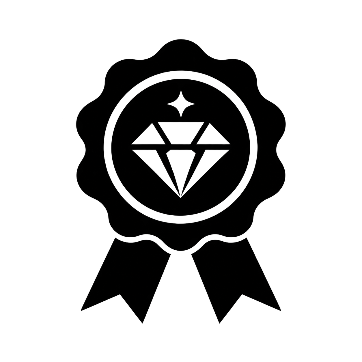 A black and white graphic icon of a diamond-embellished ribbon seal, commonly used as a badge or award emblem.