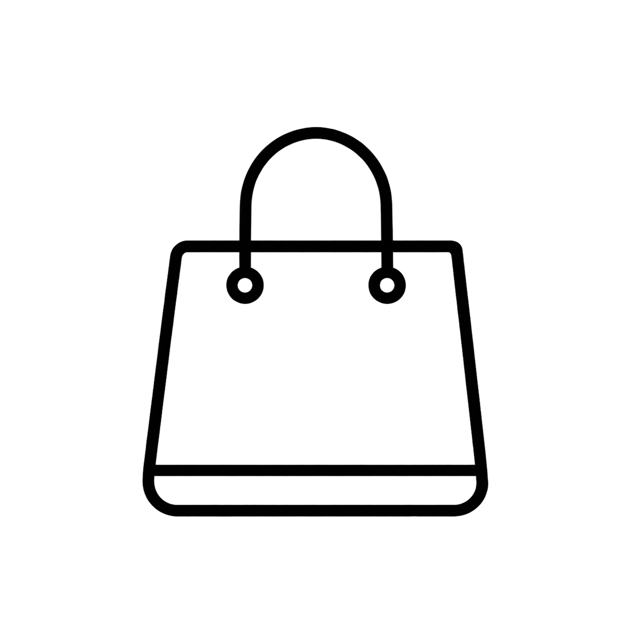 A minimalist black line icon of a handbag on a solid white background.