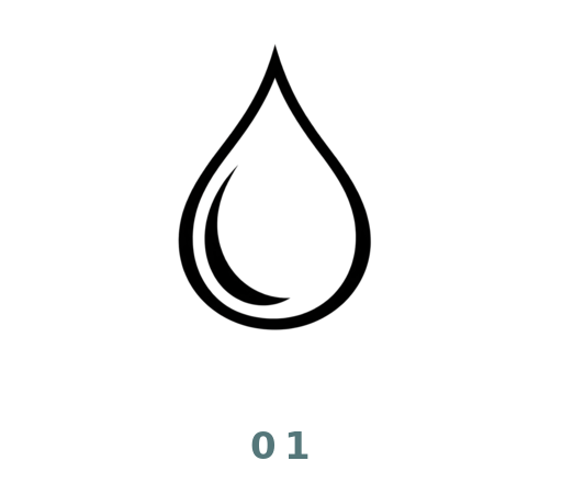 A minimalist black outline droplet icon centered on a white background, with the text '0 1' below it in a muted blue-gray color.