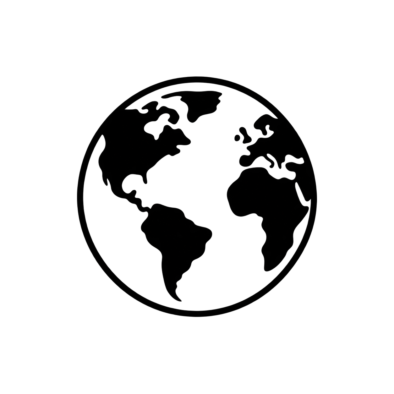 A minimalist black silhouette icon of the Earth showing the continents, centered on a solid white background.