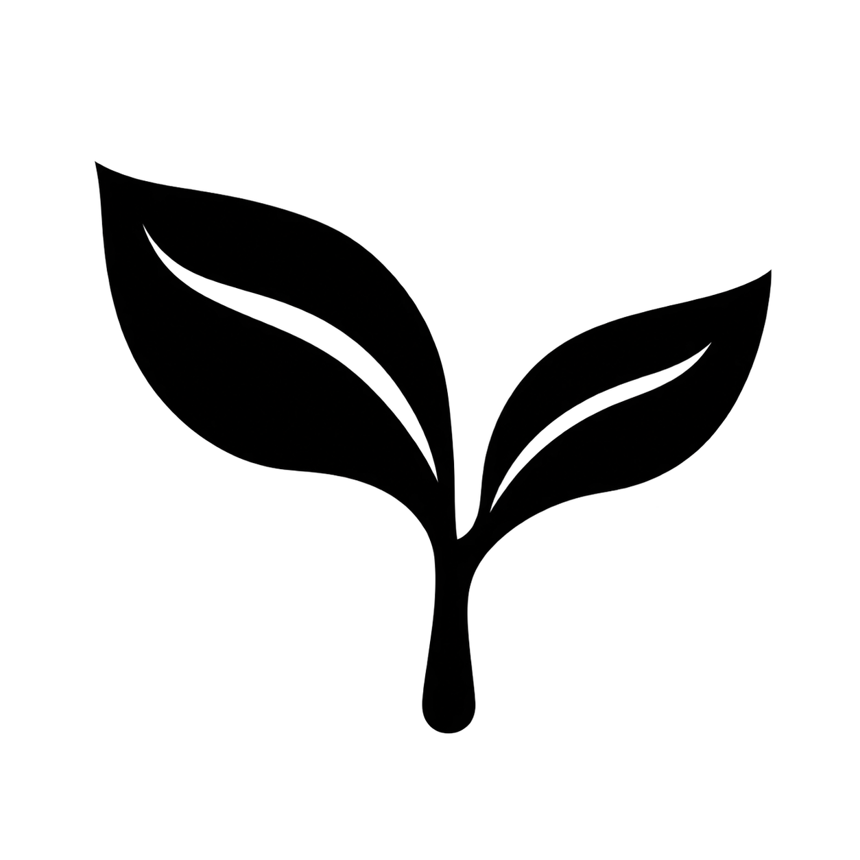 A minimalist black icon of two overlapping leaves on a solid white background.