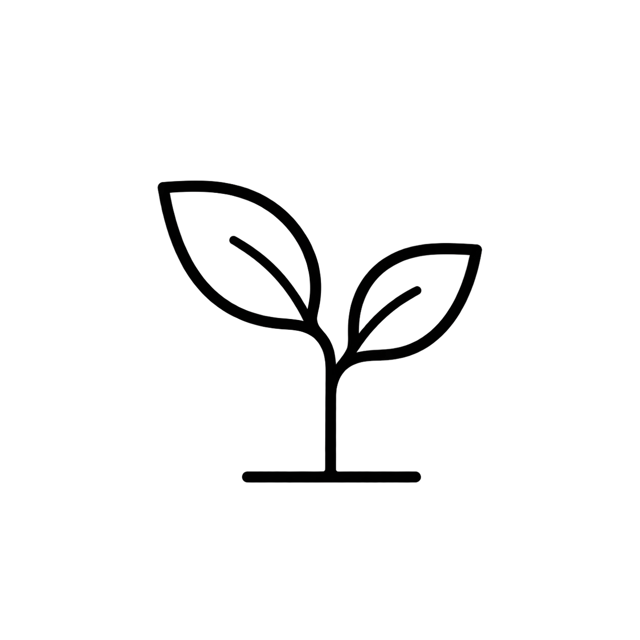 A minimalist black line icon of a small plant sprout with two leaves on a solid white background.
