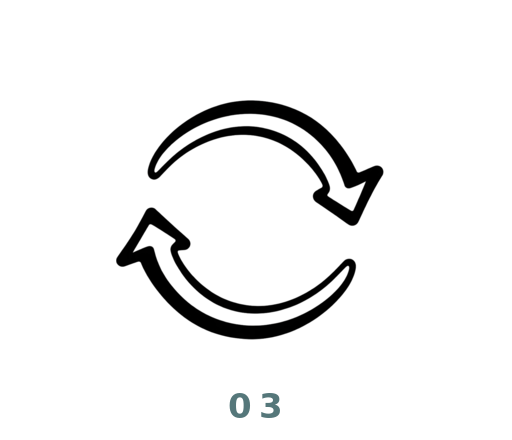 A black circular refresh or recycling-style icon centered on a white background, with the text '03' below it in a muted blue-gray color.