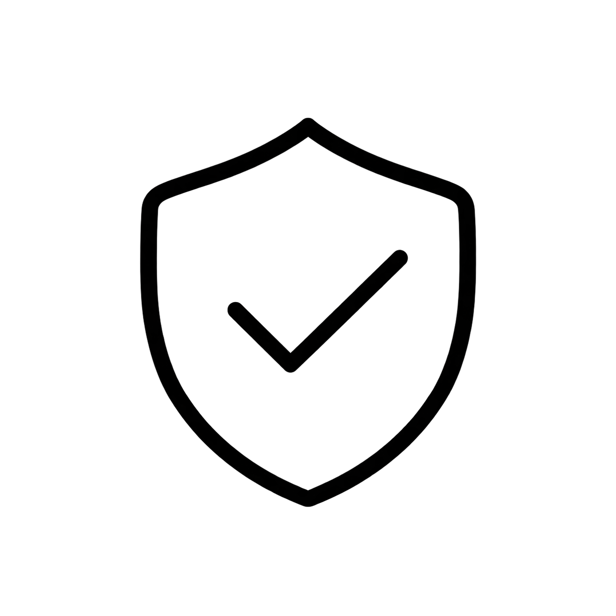 A minimalist black outline icon of a shield containing a checkmark, centered on a solid white background.