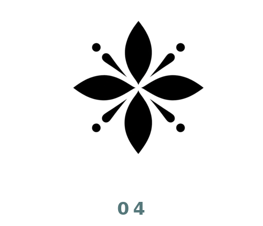 A black stylized floral or leaf-like emblem centered on a white background, with the text '04' below it in a muted blue-gray color.