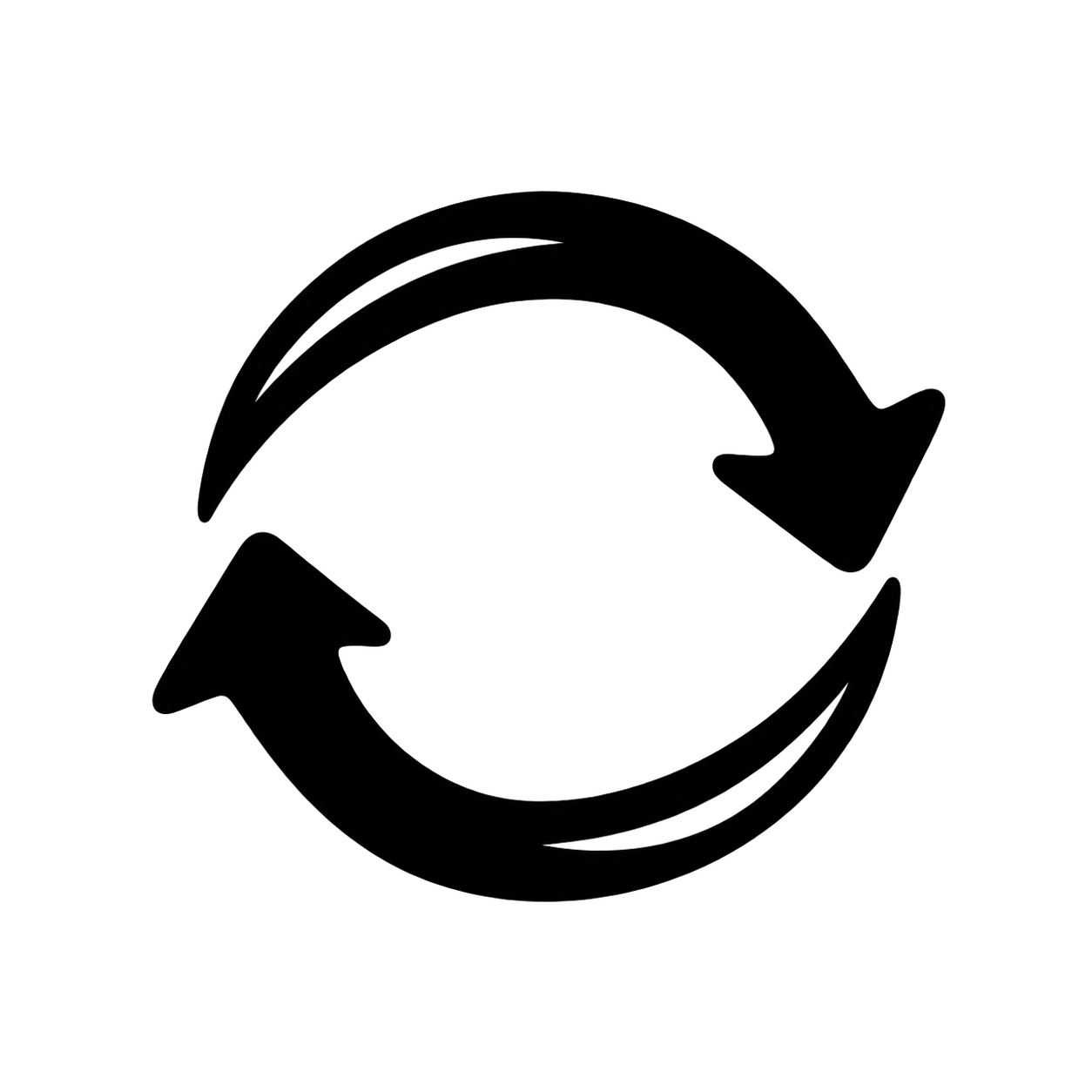 A black circular refresh icon with two curved arrows forming a loop, centered on a plain white background.
