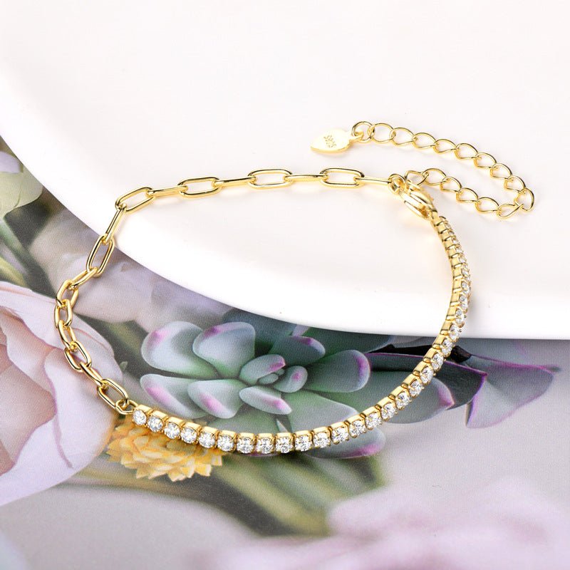 Gold Plated Silver 2mm Half Tennis Moissanite Bracelet