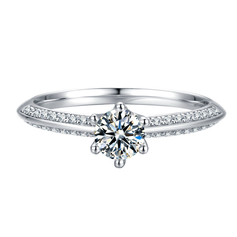 Silver Moissanite Solitaire Ring with Pavé Band