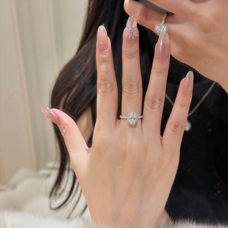 Oval Cut Halo Diamond Silver Ring