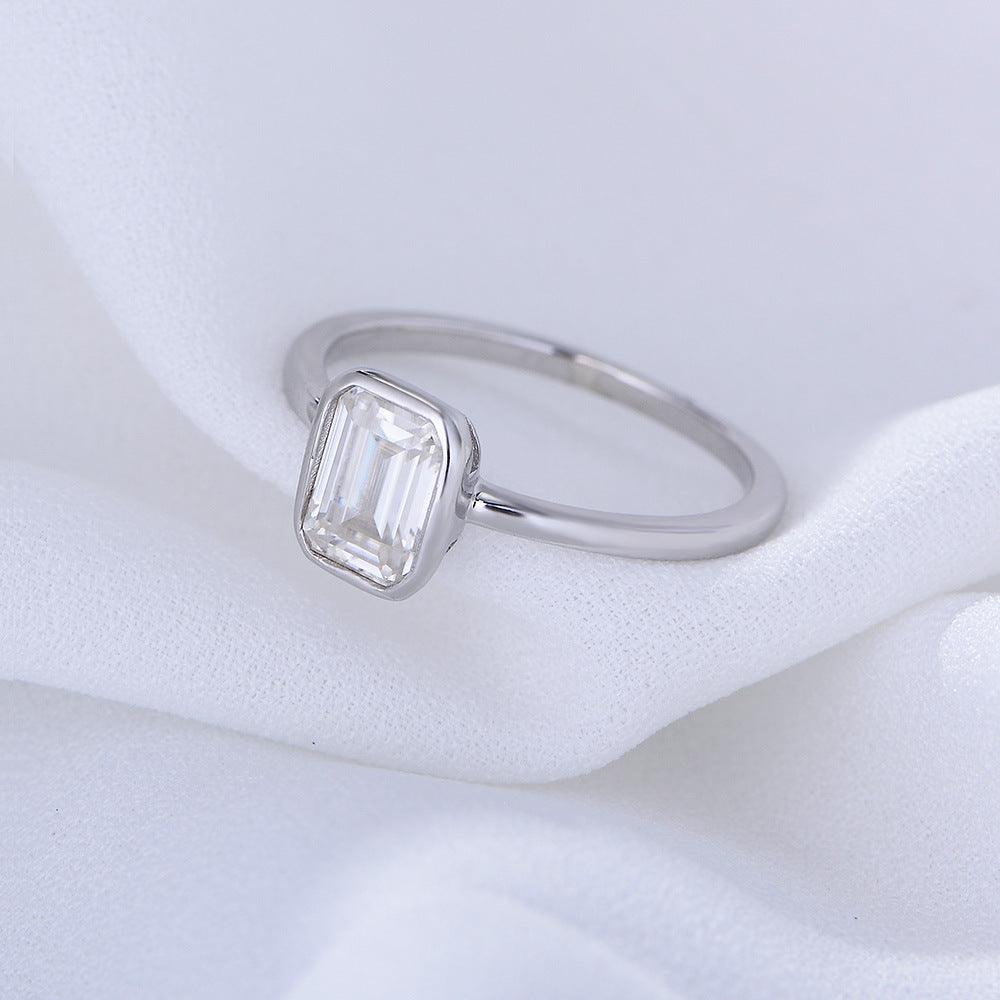 Emerald Cut Bezel Set Solitaire Ring Silver 925