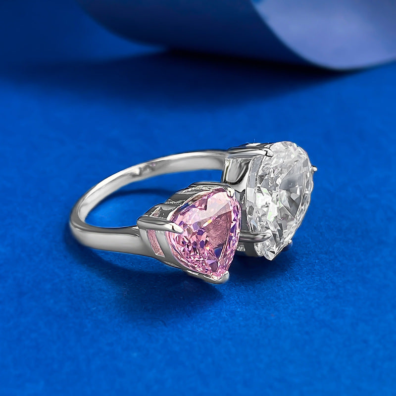 Toi et Moi Pink Heart & White Pear Diamond Ring. White Gold Plated