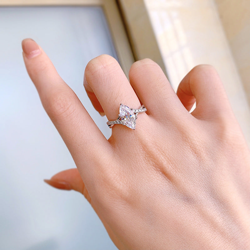 Marquise Cut Twisted Engagement Ring. White Gold Plated