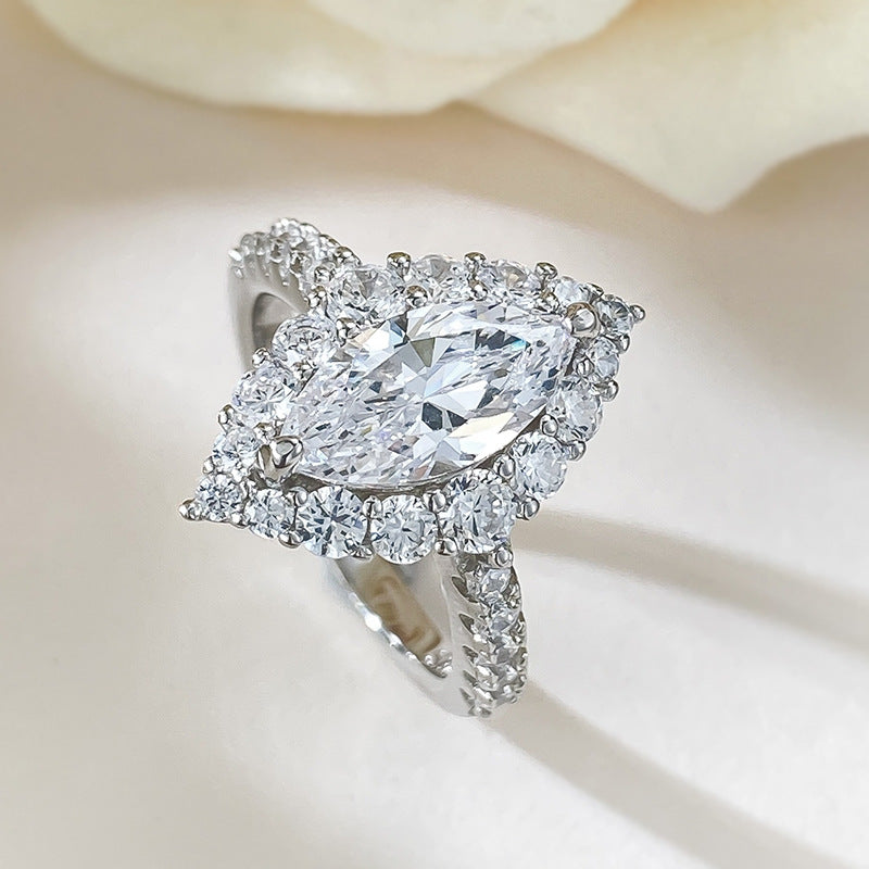 Marquise Halo Engagement Ring. Silver 925. White Gold Plated