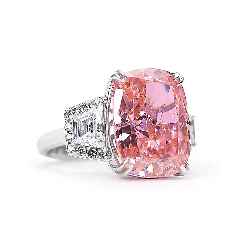 Crushed Ice Pink Radiant Cut Statement Ring. Three Stone Ring