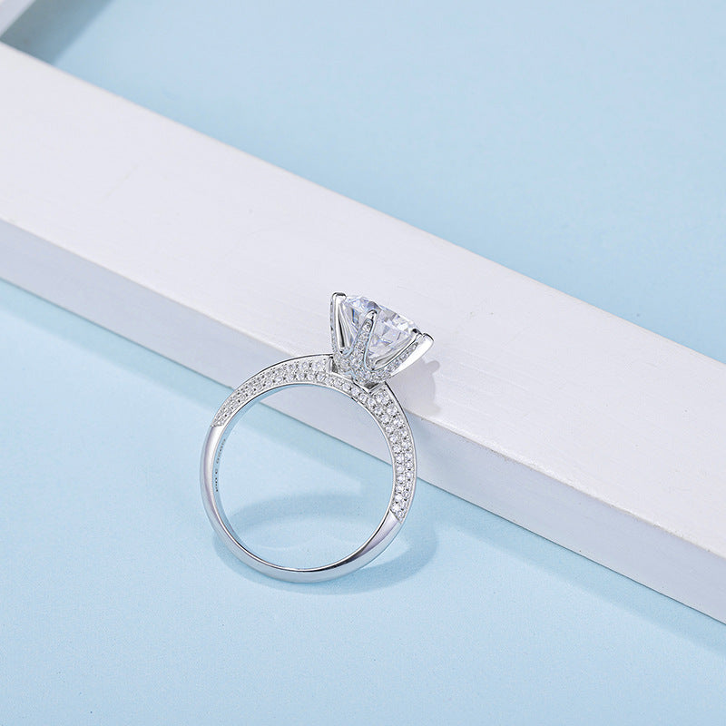 White Gold Plated Classic Moissanite Solitaire Ring with Pavé Band