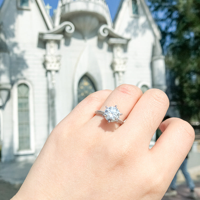 Silver Classic Moissanite Solitaire Ring with Pavé Band