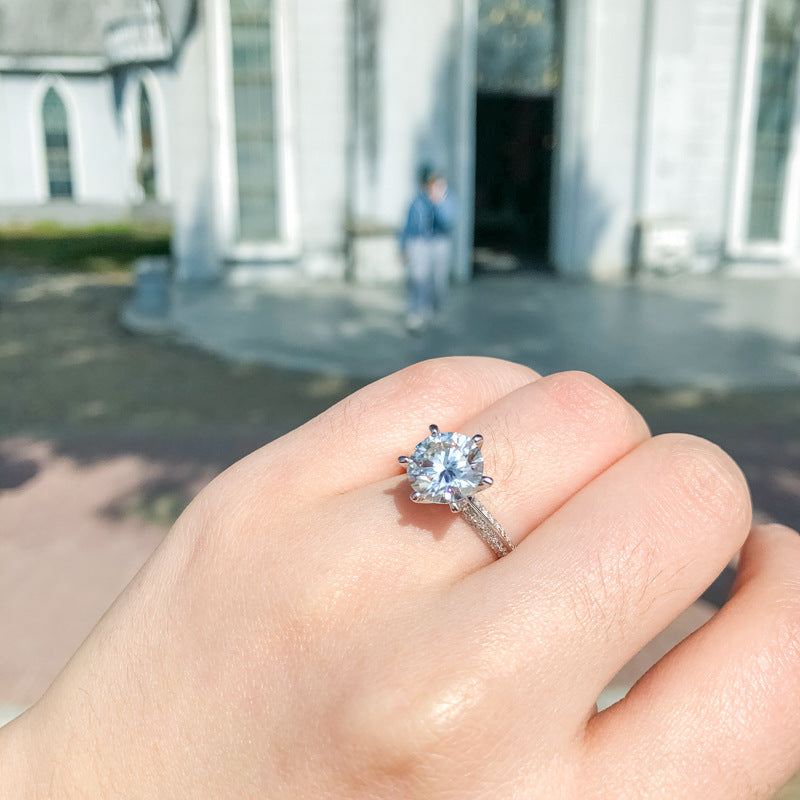 Classic Moissanite Solitaire Ring with Pavé Band. Silver 925