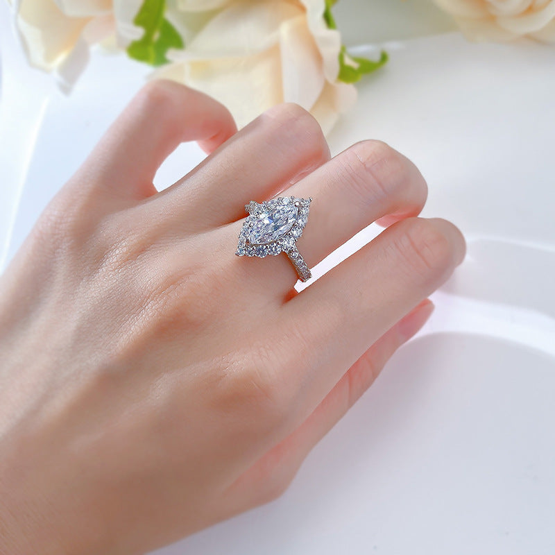 Marquise Halo Engagement Ring. Silver 925. White Gold plated. Travel Ring