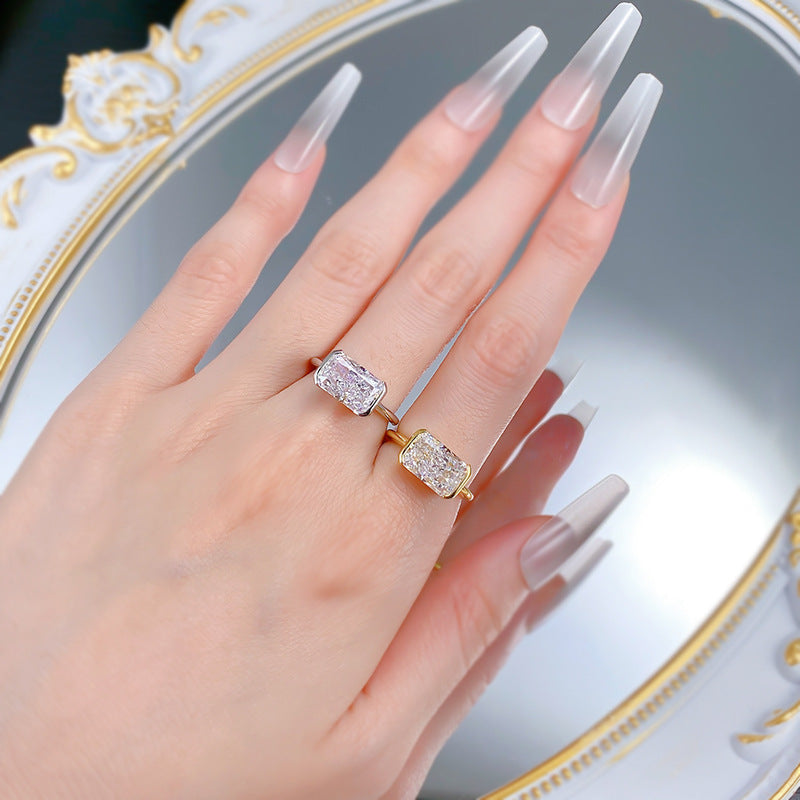 Ice Crushed Radiant Cut Bezel Ring. White Gold and Gold Plated Ring