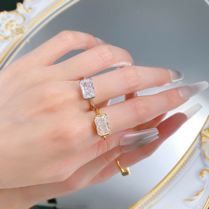 Ice Crushed Radiant Cut Bezel Ring. Gold Plated Ring. Silver 925
