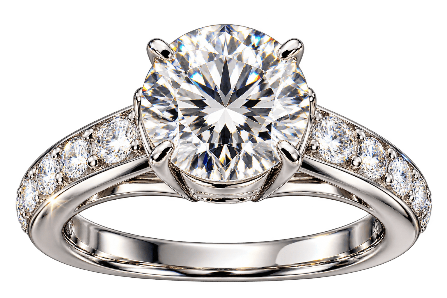 A radiant cut diamond engagement ring in a polished white gold or platinum setting, featuring a pavé band with small round diamonds, shown on a solid white background.