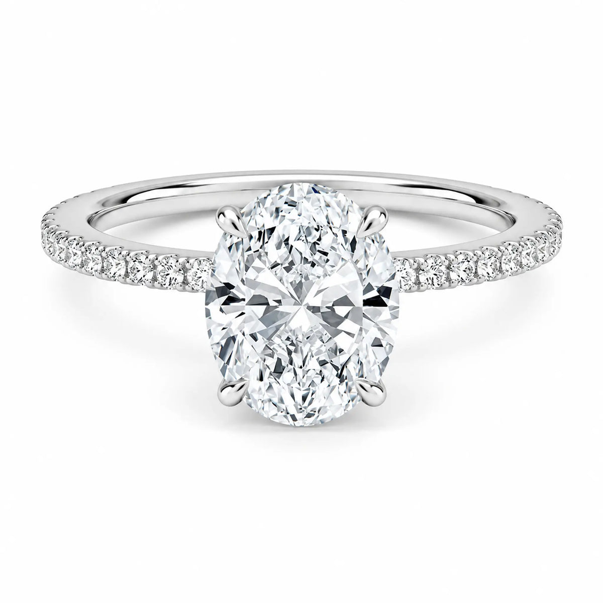 Aurelia oval moissanite engagement ring with three-quarter pavé band in silver finish