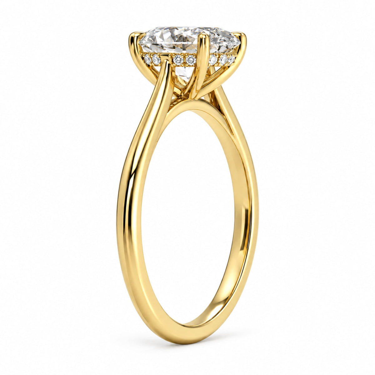 Side view of an oval moissanite engagement ring with four-prong setting and hidden halo