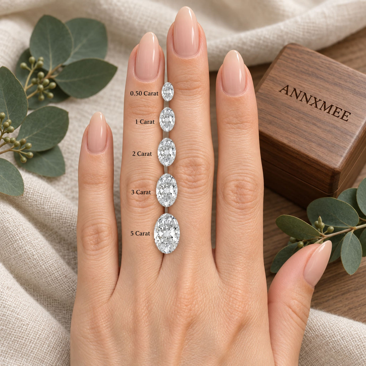 Celeste oval moissanite ring carat size comparison showing 1, 2, 3, 5, 6 and 8 carat options