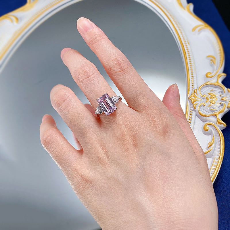 Pink Diamond 4 CT Emerald Cut Three-Stone Silver Ring