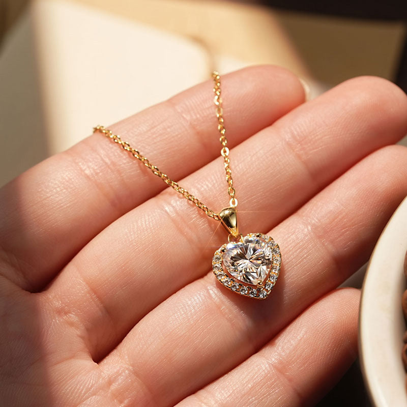 Moissanite Halo Heart Pendant, gold plated silver necklace