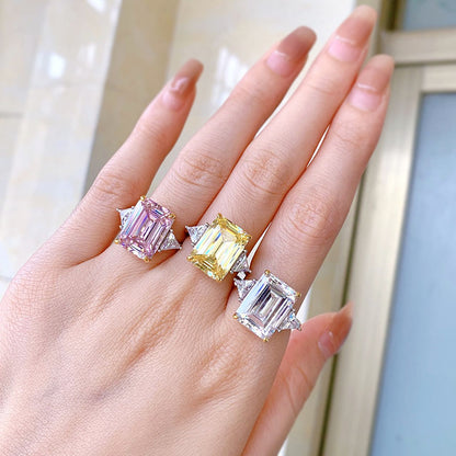 6.5 CT Emerald Cut Three-Stone Ring. Silver Ring