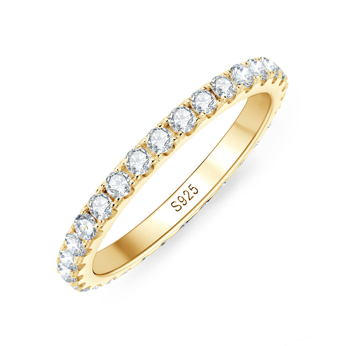 Gold plated 2mm moissanite eternity band in genuine 925 sterling silver