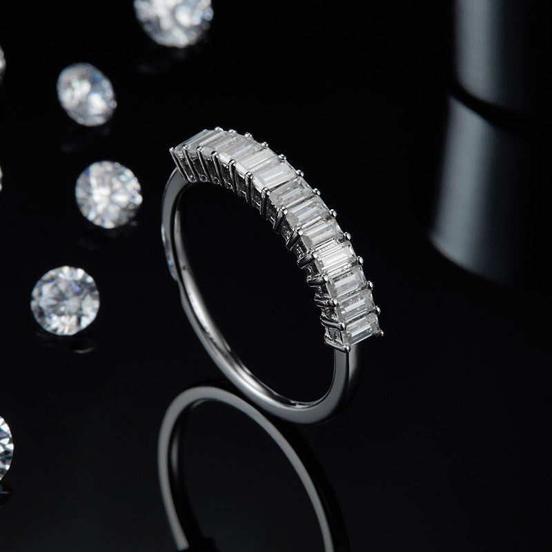 Silver 925. Half Eternity Band with Emerald Cut Moissanite