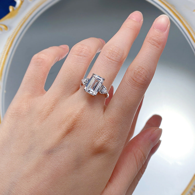 White Diamond 4 CT Emerald Cut Three-Stone Silver Ring