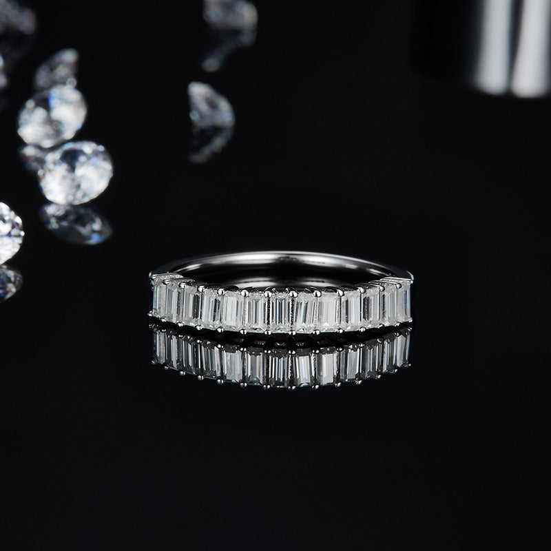 Silver Half Eternity Band with Emerald Cut Moissanite