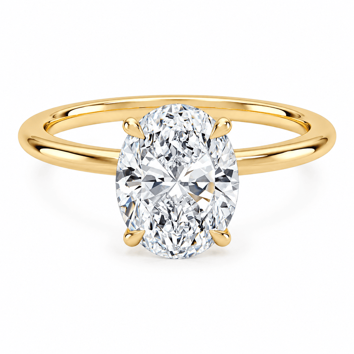 Oval cut moissanite engagement ring with tulip hidden halo in yellow gold plated sterling silver