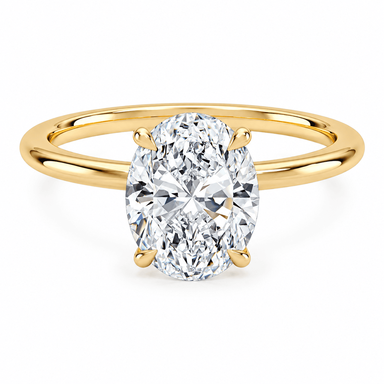 Oval cut moissanite engagement ring with tulip hidden halo in yellow gold plated sterling silver