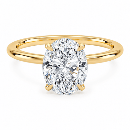Oval cut moissanite engagement ring with tulip hidden halo in yellow gold plated sterling silver