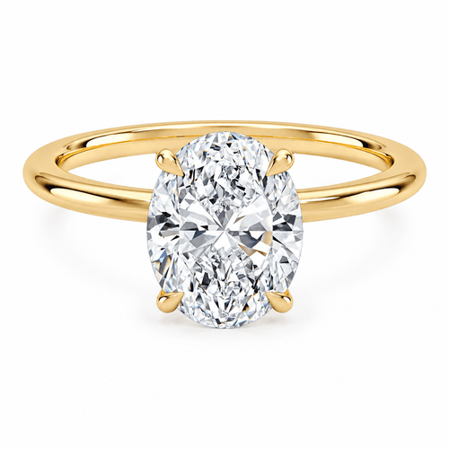 Oval cut moissanite engagement ring with tulip hidden halo in yellow gold plated sterling silver