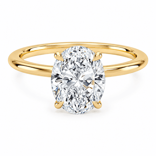 Oval cut moissanite engagement ring with tulip hidden halo in yellow gold plated sterling silver