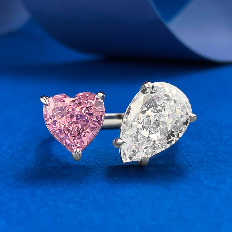 Toi et Moi Pink Heart & White Pear Diamond Ring. Silver 925 