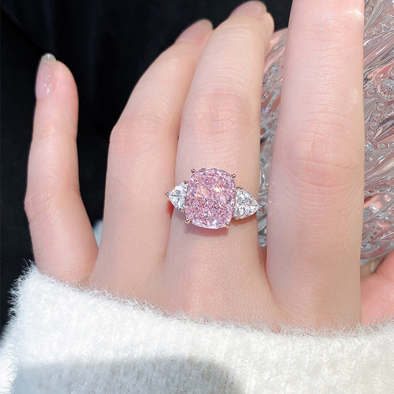 Crushed Ice Three Stone Pink Diamond Ring Sterling Silver 925