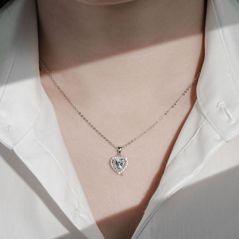 Moissanite Halo Heart Pendant Necklace Silver