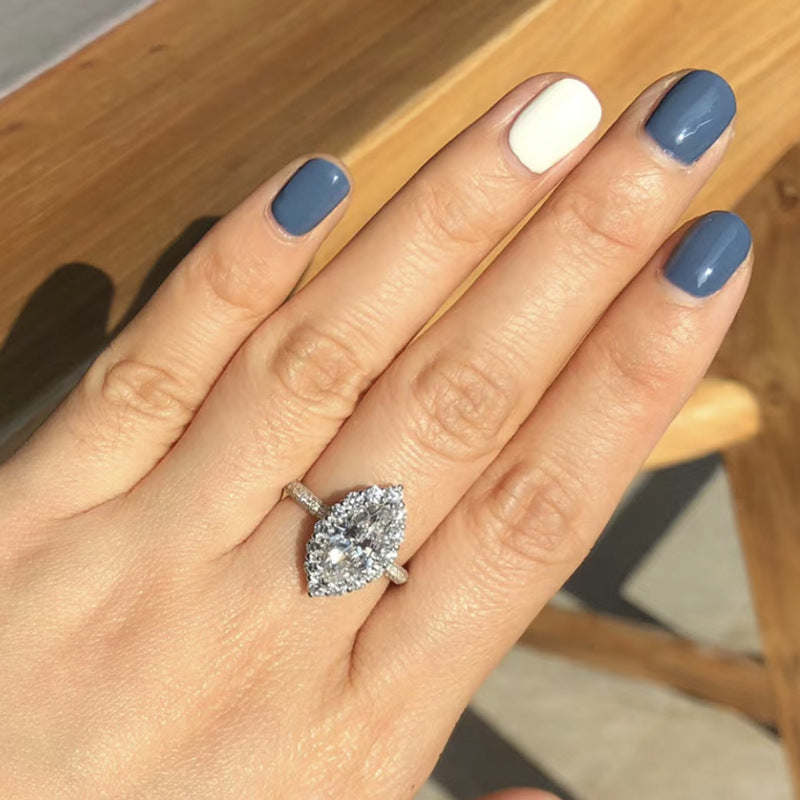 Marquise Halo Engagement Silver Ring