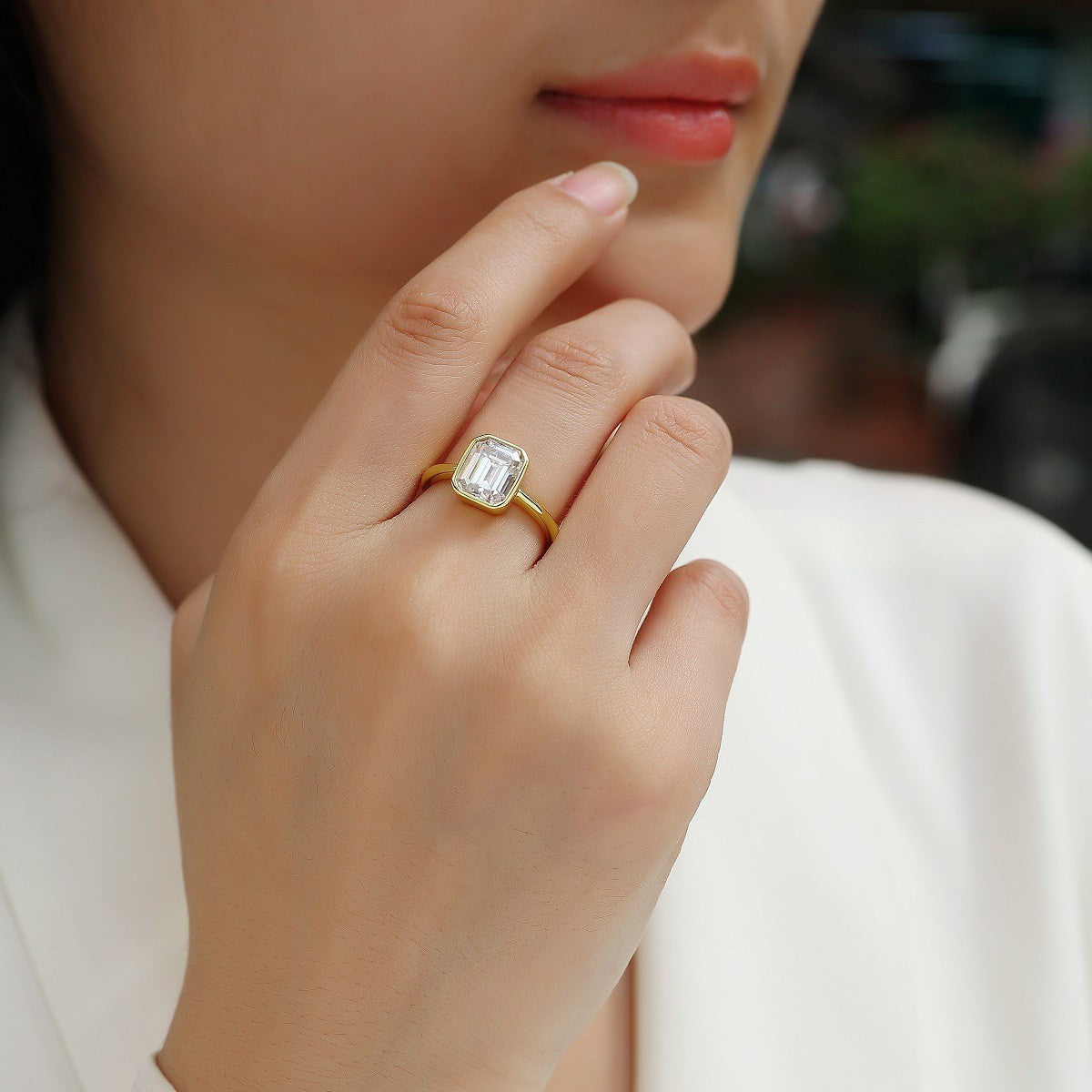 Silver Emerald Cut Moissanite Bezel Ring