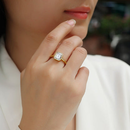 Silver Emerald Cut Moissanite Bezel Ring