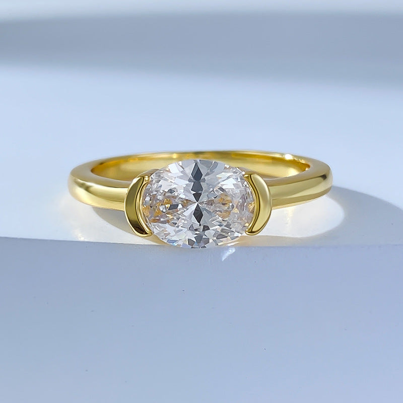 Half Bezel Oval Crushed Ice Ring. Gold plated silver ring