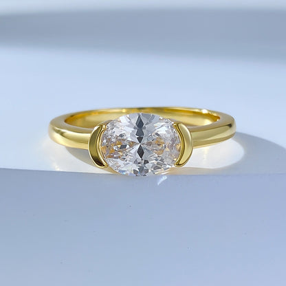 Half Bezel Oval Crushed Ice Ring. Gold plated silver ring