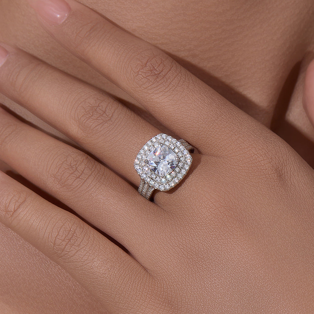 Double Halo Cushion Cut Diamond Silver Ring 