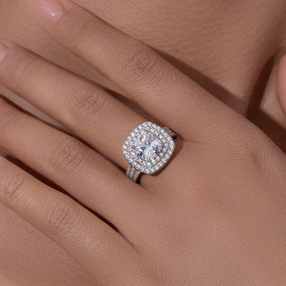 Double Halo Cushion Cut Diamond Silver Ring 